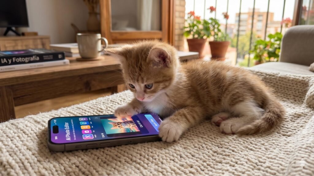 Gatito utiliza apps de inteligencia artificial en su móvil